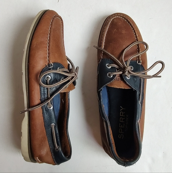 Sperry Boat Shoes Top Sider 2 Eye Leather Brown Navy Blue Stitch Logo Men's 10